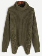 Shein Olive Green Turtleneck Drop Shoulder Ripped Sweater