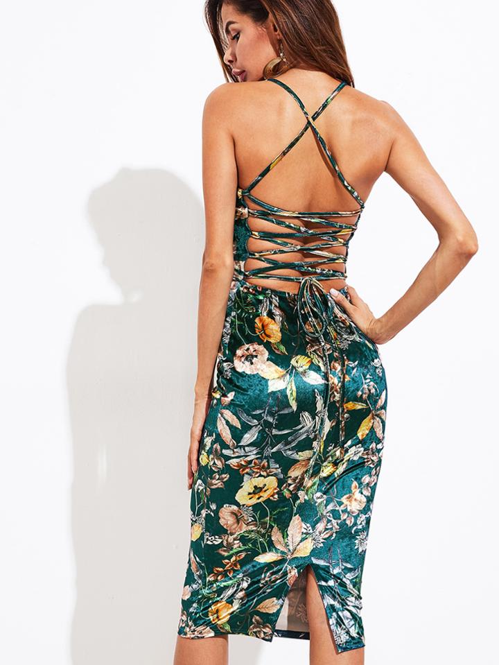 Shein Lace Up Back Botanical Velvet Cami Dress