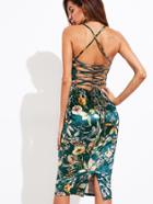 Shein Lace Up Back Botanical Velvet Cami Dress
