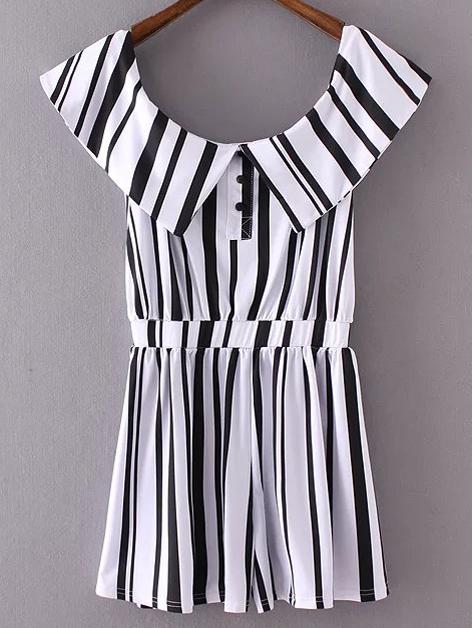 Shein Black And White Lapel Stripe Siamese Trousers