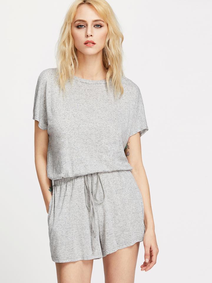 Shein Buttoned Keyhole Back Drawstring Waist Heathered Romper