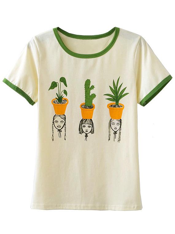 Shein Multicolor Contrast Round Neck Short Sleeve Cactus T-shirt