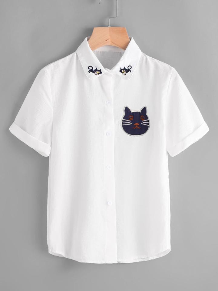 Shein Cat Embroidery Roll Sleeve Shirt
