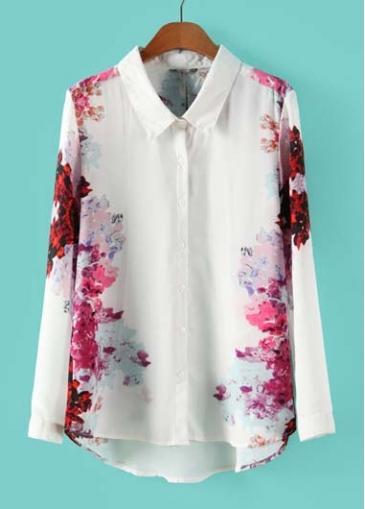 Rosewe New Long Sleeve Turndown Collar Flower Print Shirt White