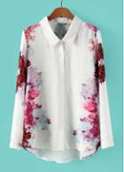 Rosewe New Long Sleeve Turndown Collar Flower Print Shirt White