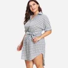 Shein Plus Self Tie Waist Dip Hem Checked Dress