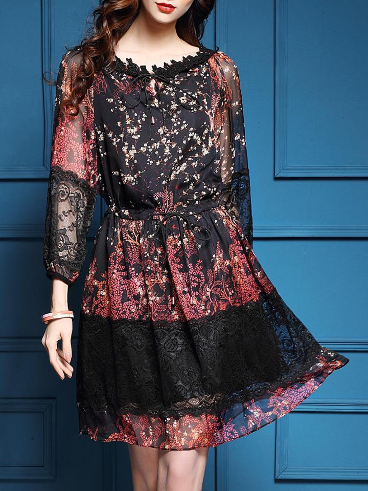 Shein Red Tie Neck Drawstring Floral Contrast Lace Dress