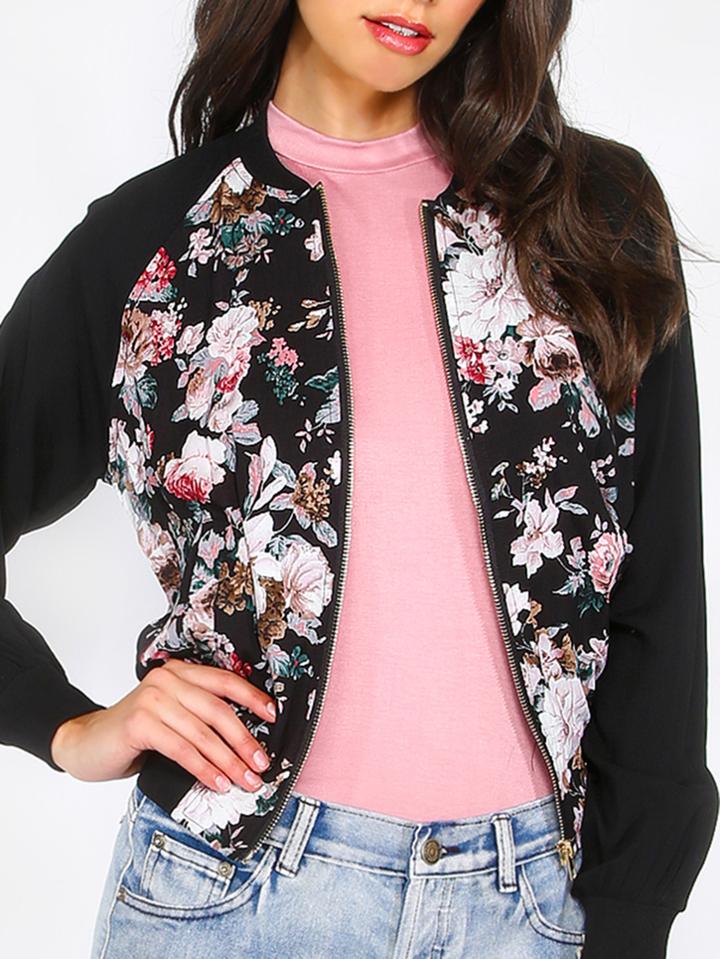 Shein Multicolor Floral Zipper Long Sleeve Jacket