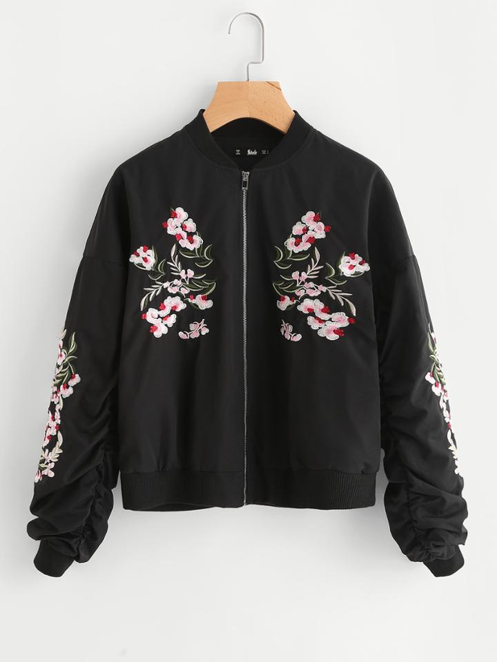 Shein Flower Embroidered Shirred Sleeve Jacket