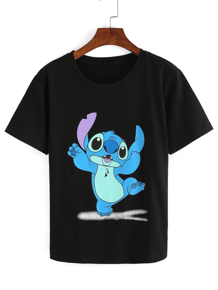 Shein Cartoon Print Black T-shirt