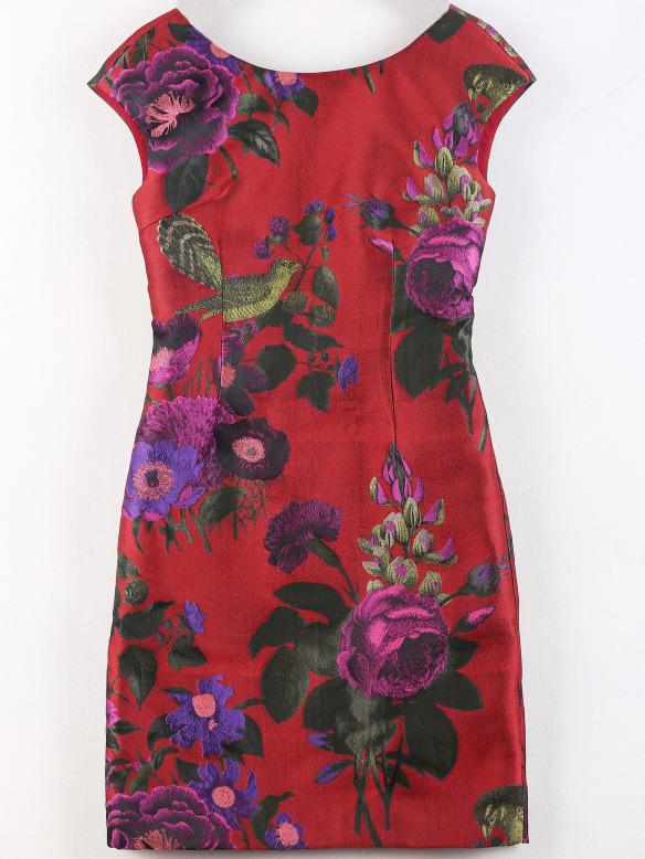 Shein Red Crew Neck Backless Print Shift Dress