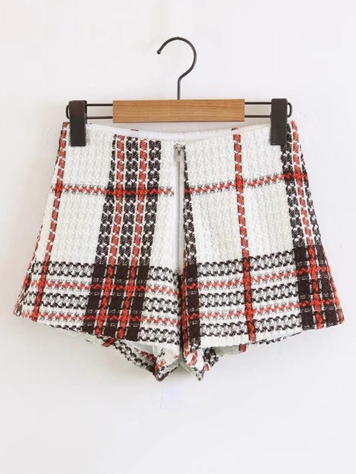 Shein Zipper Up Tweed Plaid Shorts