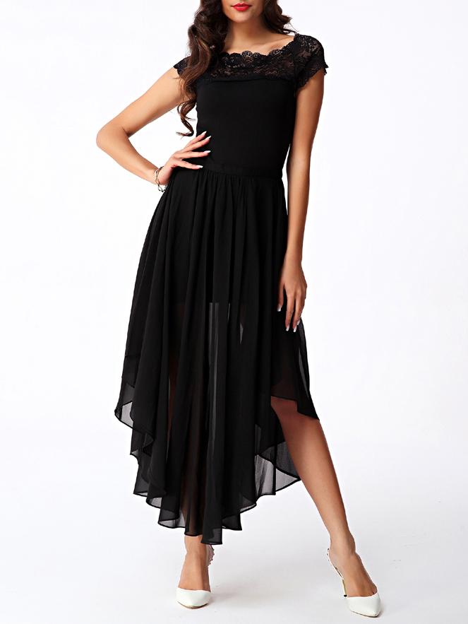 Shein Black Lace Insert Split Asymmetrical Chiffon Dress