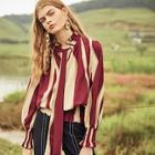 Shein Tie Neck Shirred Panel Semi Sheer Blouse