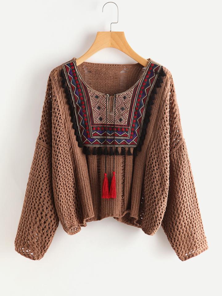 Shein Tasseled Tie Embroidered Yoke Eyelet Jumper