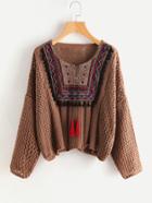 Shein Tasseled Tie Embroidered Yoke Eyelet Jumper