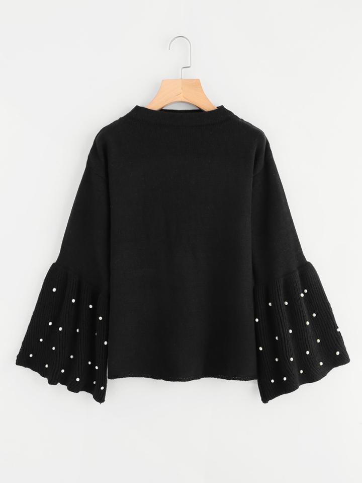Shein Pearl Beading Ribbed Bell Cuff Drop Shoulder Jumper
