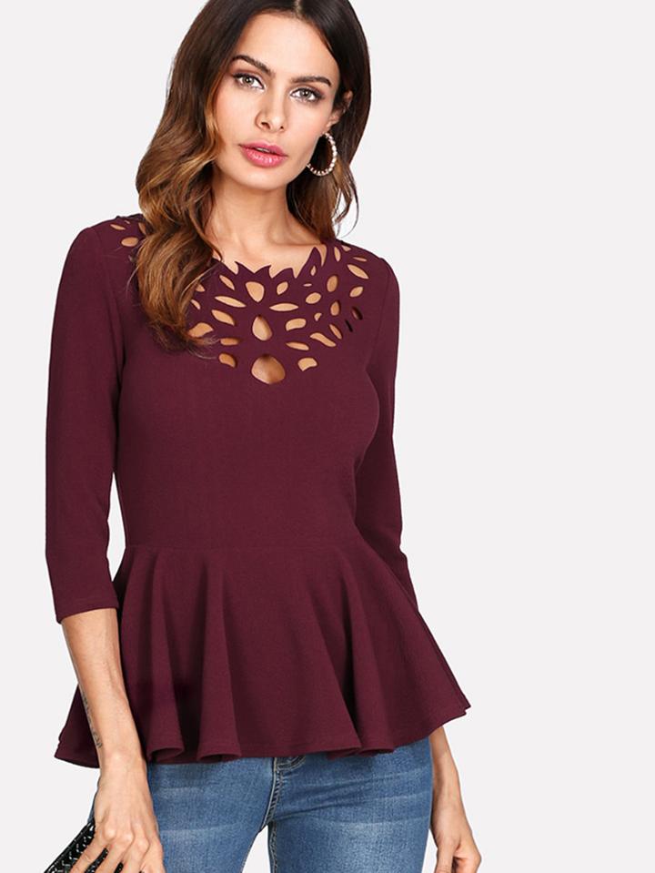 Shein Laser Cutout Neck Peplum Top