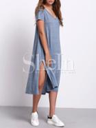 Shein Blue V-neck Side Split Casual Dress