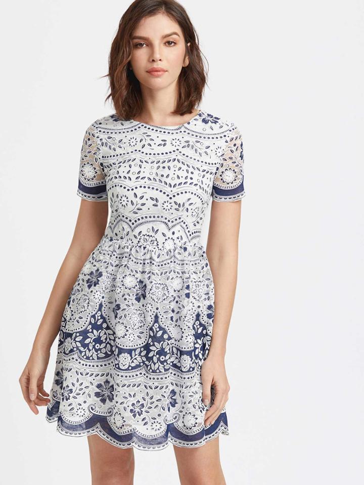 Shein Blue And White Flower Print Scallop Mesh Skater Dress