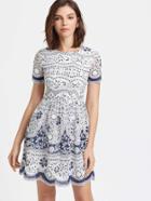 Shein Blue And White Flower Print Scallop Mesh Skater Dress