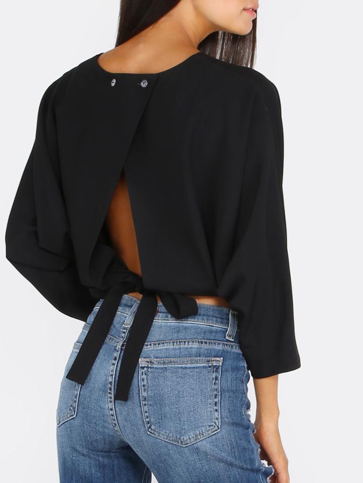 Shein Black Tie Back Long Sleeve Blouse