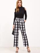 Shein Black And White Checkered Belted Wide Leg Pants