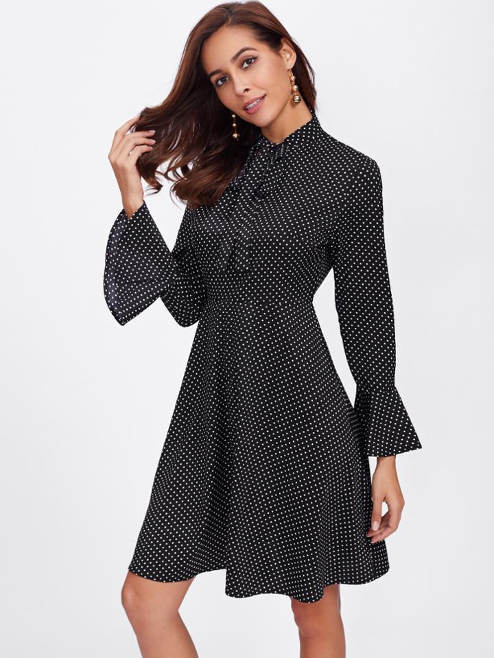 Shein Tie Neck Bell Cuff Polka Dot Dress