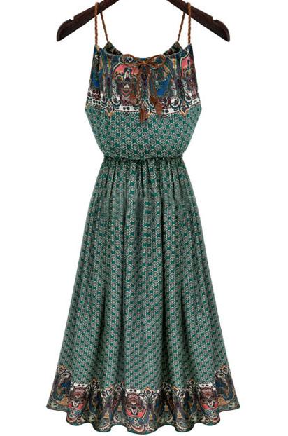 Shein Green Spaghetti Strap Folk Ethnic Rockabilly Peasant Charming Nice Bonny Glamour Vintage Geometric Print Dress