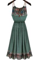 Shein Green Spaghetti Strap Folk Ethnic Rockabilly Peasant Charming Nice Bonny Glamour Vintage Geometric Print Dress