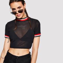 Shein Striped Trim Mesh Top Without Bralette