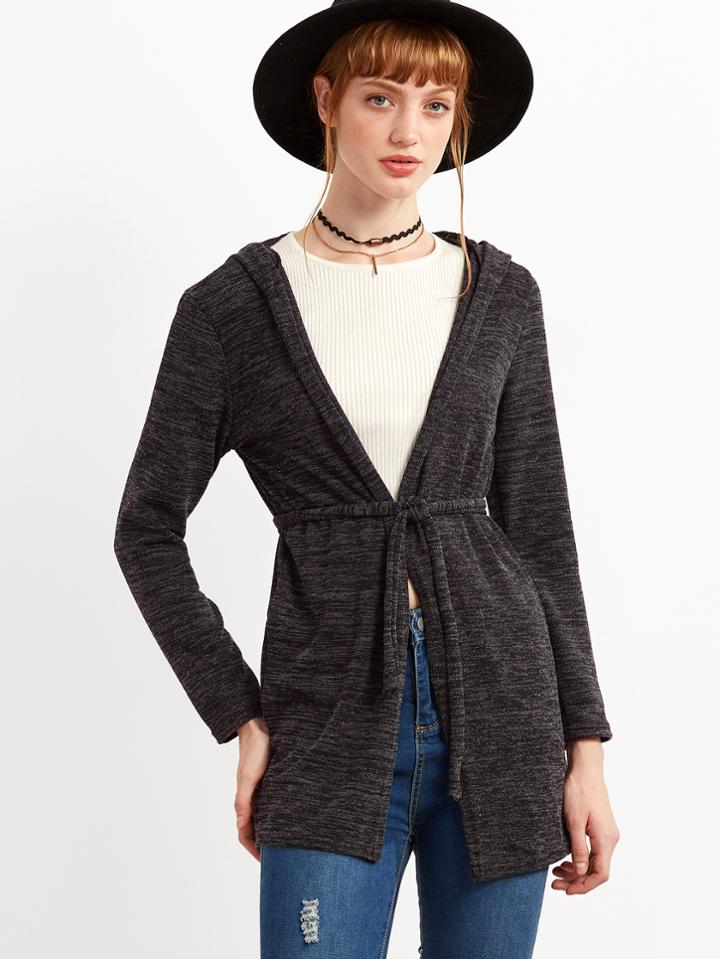 Shein Dark Grey Self Tie Hooded Cardigan