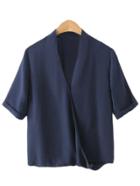 Shein Navy Short Sleeve Cross V Neck Blouse