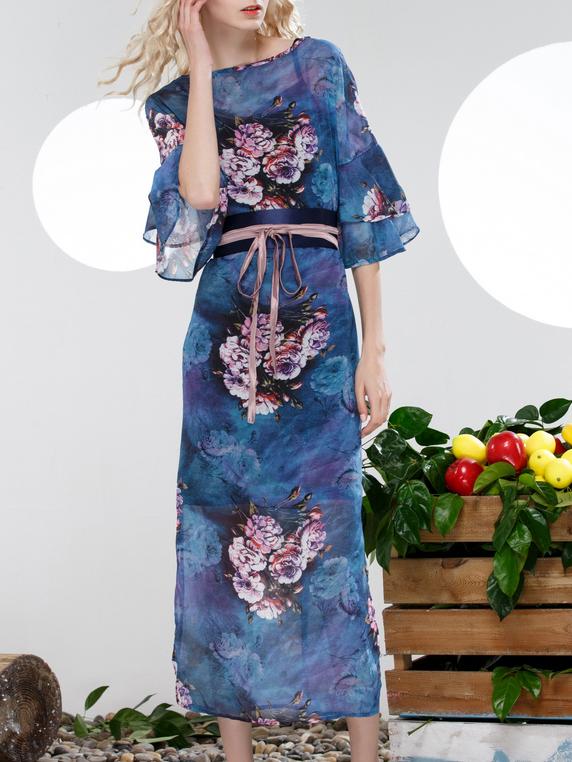 Shein Navy Bell Sleeve Tie-waist Print Split Dress