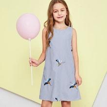 Shein Girls Embroidered Crane Button Back Striped Dress