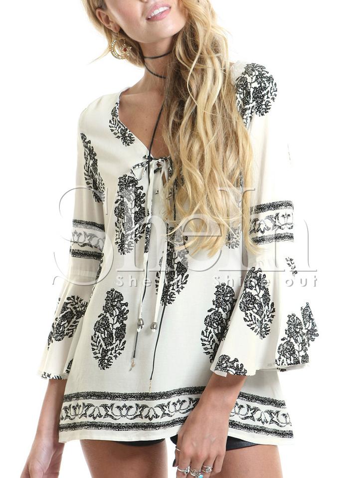 Shein Black White Print Bell Sleeve Lace Up Dress
