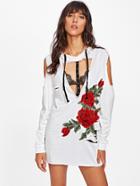 Shein Rose Embroidered Applique V Cut Neck Ripped Hoodie
