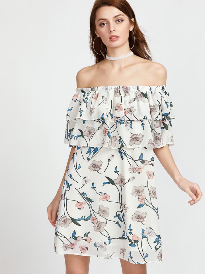 Shein Botanical Print Layered Ruffle Bardot Dress