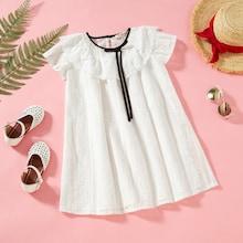 Shein Girls Contrast Binding Eyelet Embroidery Ruffle Dress