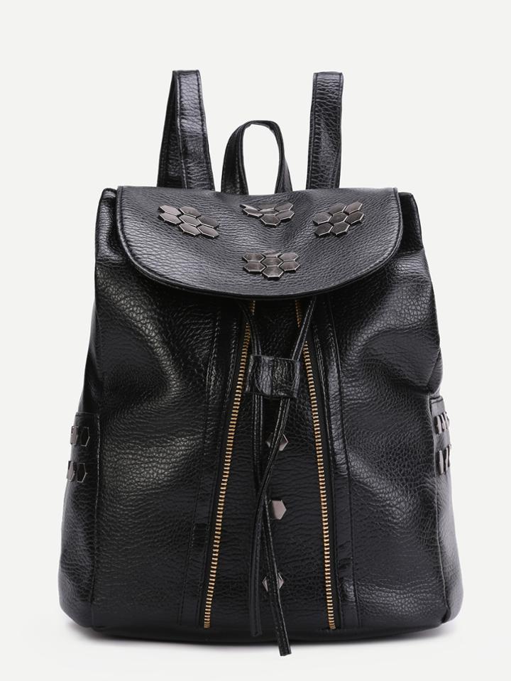 Shein Black Pu Metal Trim Front Zipper Flap Backpack