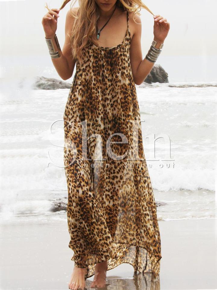 Shein Leopard Spaghetti Strap Backless Beachwear Maxi Dress