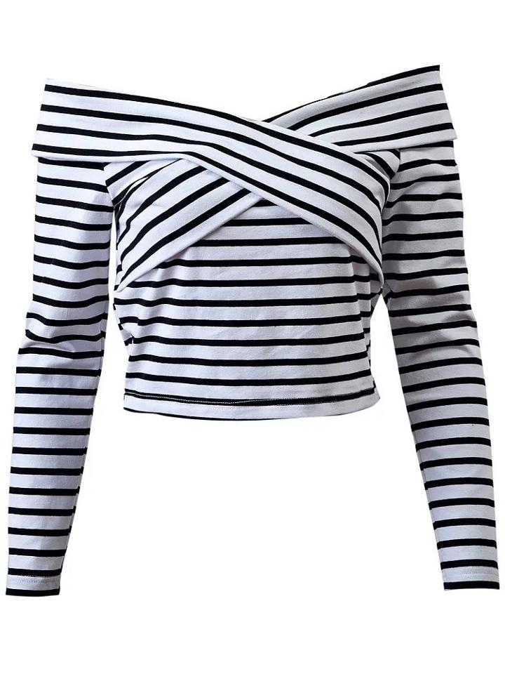 Shein Black And White Striped Off The Shoulder Top