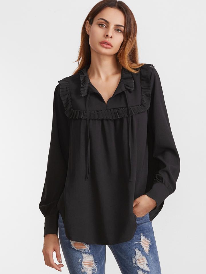 Shein Black Tie Neck Ruffle Trim Curved Hem Blouse