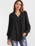 Shein Black Tie Neck Ruffle Trim Curved Hem Blouse