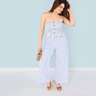 Shein Plus Button Detail Stripe Bandeau Top & Pants Set