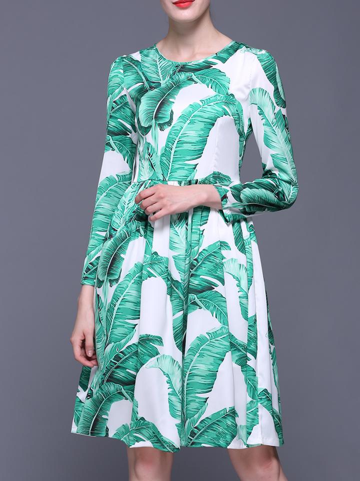 Shein White Green Leaves Print A-line Dress