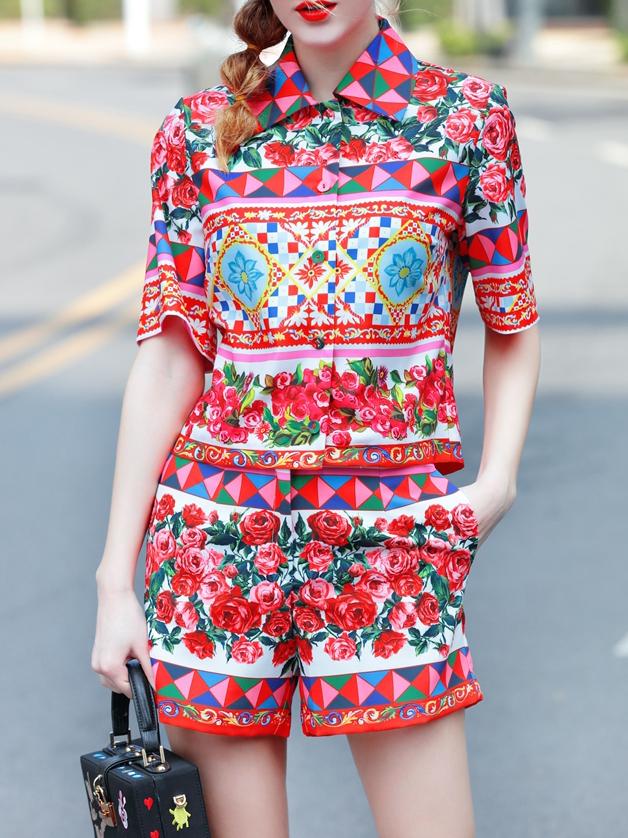 Shein Rose Print Top With Pockets Shorts