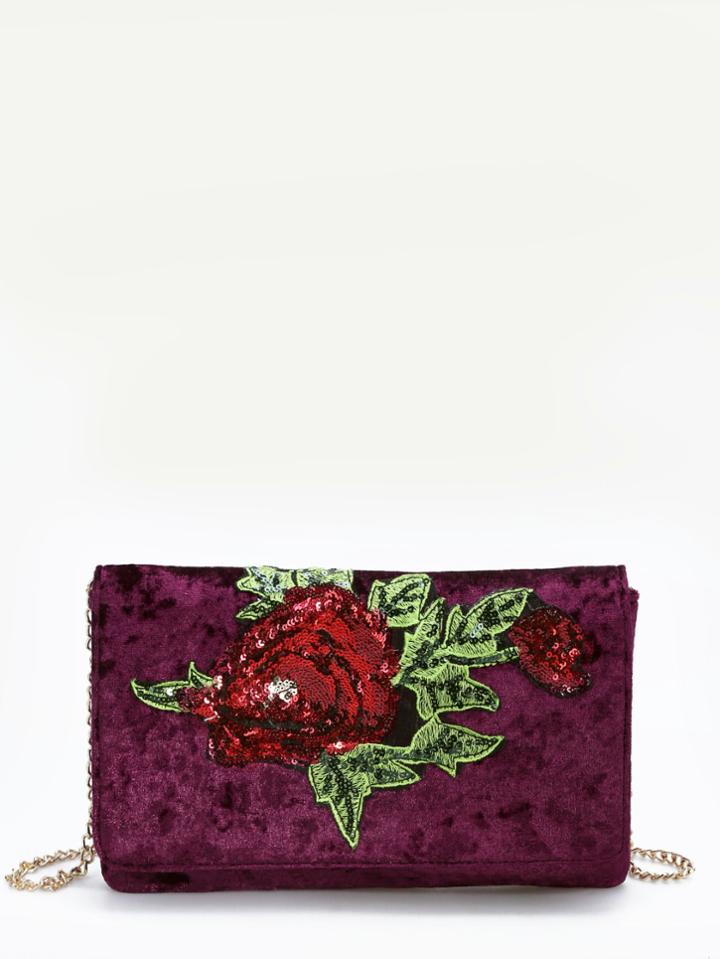 Shein Sequin And Beads Flower Decorated Velvet Chain Bag