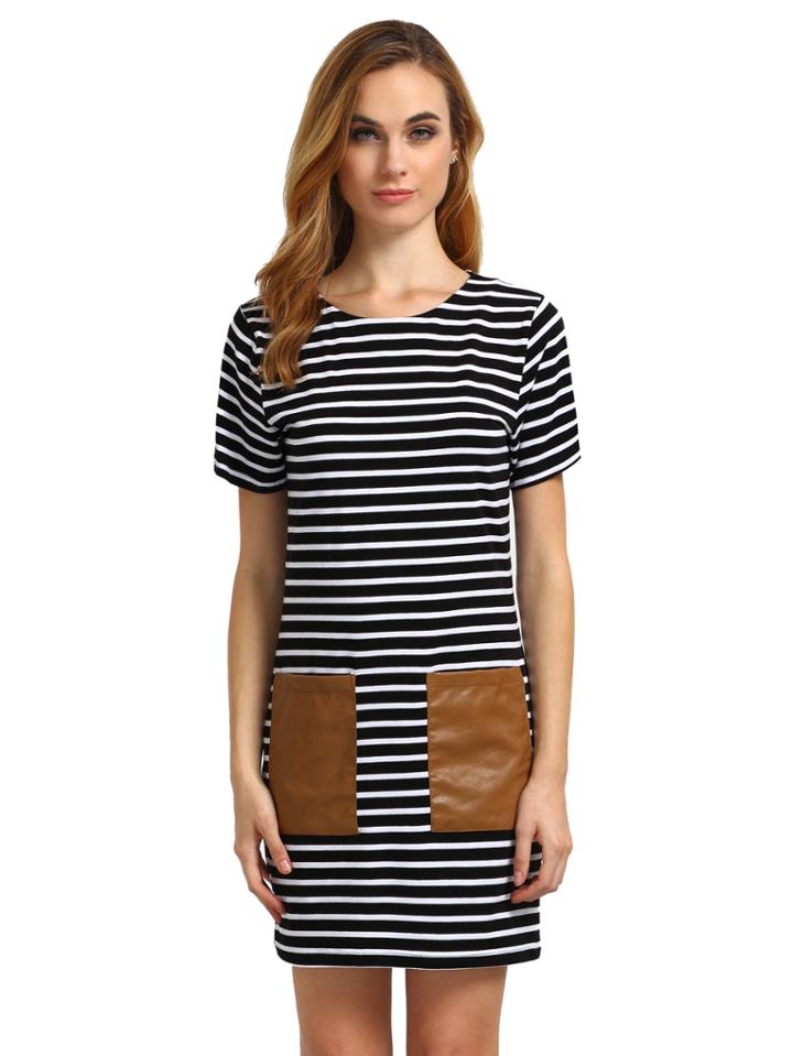 Shein Striped Short Sleeve Pu Leather Pocket Dress