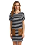 Shein Striped Short Sleeve Pu Leather Pocket Dress